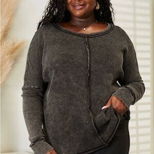 Zenana Cozy Black and Beige Textured Distressed Cotton Sweater